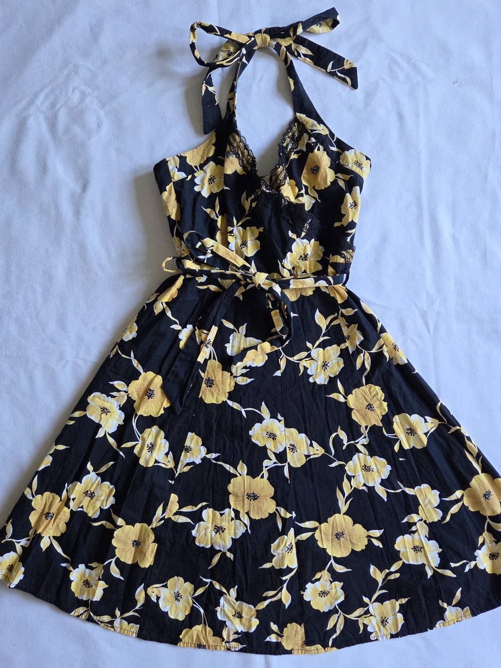 Forever 21 Black Halter Mini Dress with Yellow Floral Print